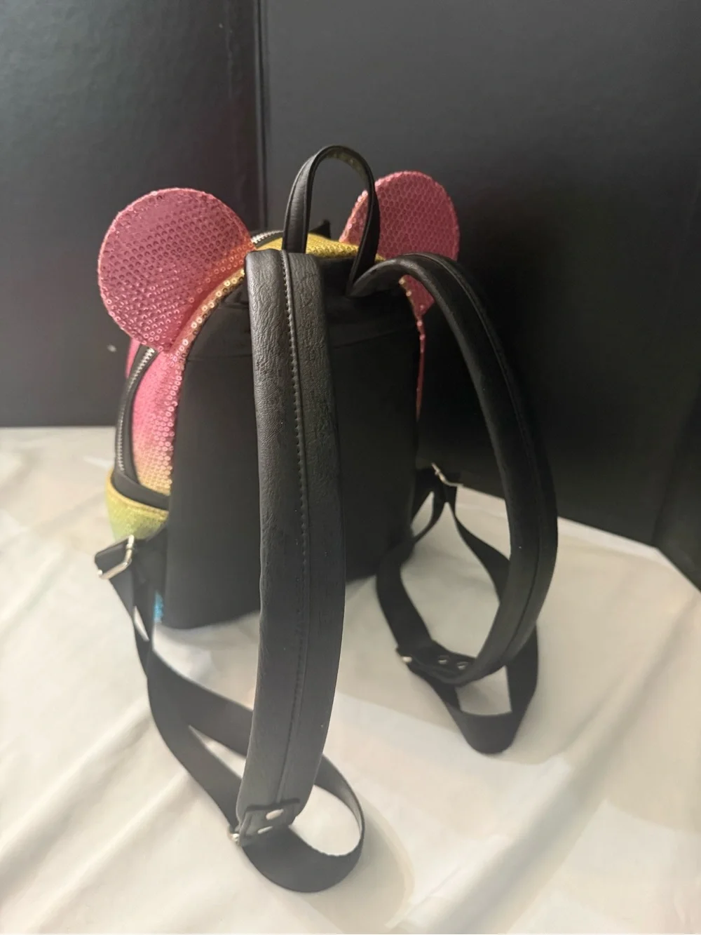Loungefly Pink and Gold Sequin Ear Mini Backpack with Black Bow